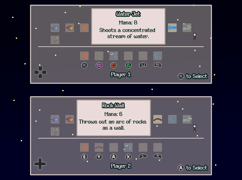 The spell select screen, showing player 1 using a PS4 controller and player 2 using a Switch Pro controller.